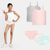 'Maya' Girls Camisole I Non Padded I In-built Bra I Breathable 4-Way Stretch Premium Cotton I Full Coverage I 8-16 Years & Pastel Hearts Brief Bundle