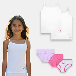 'Mira' Girl's Beginner Camisole | Premium Cotton | Full Coverage | Comfort Fit | 4-10 Years & Butterfly Brief Bundle