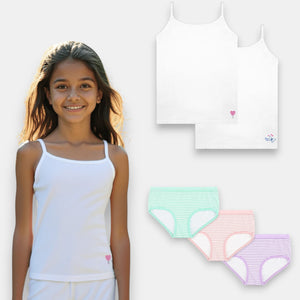 'Mira' Girls Beginner Camisole | Premium Cotton | Full Coverage | Comfort Fit | 4-10 Years & Multi striped Brief Bundle