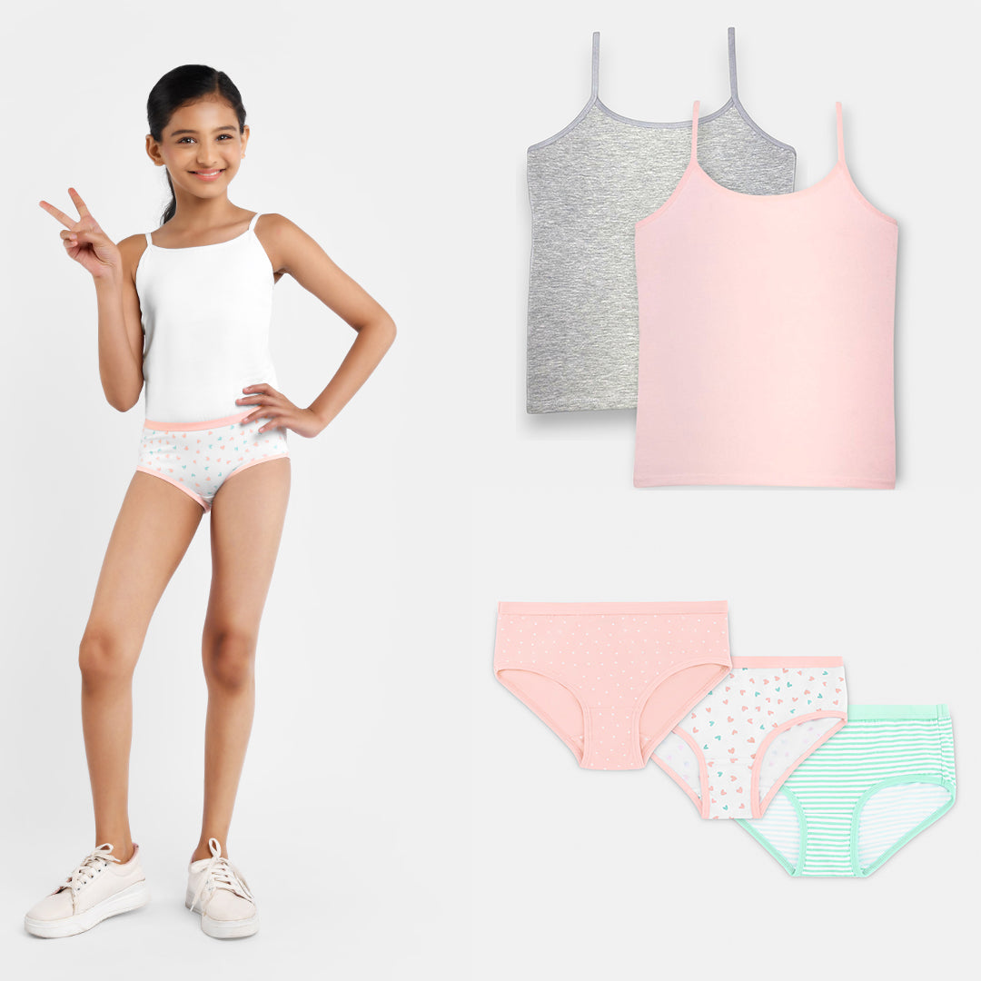 Camisole (In-built bra) & Pastel Hearts Brief Bundle