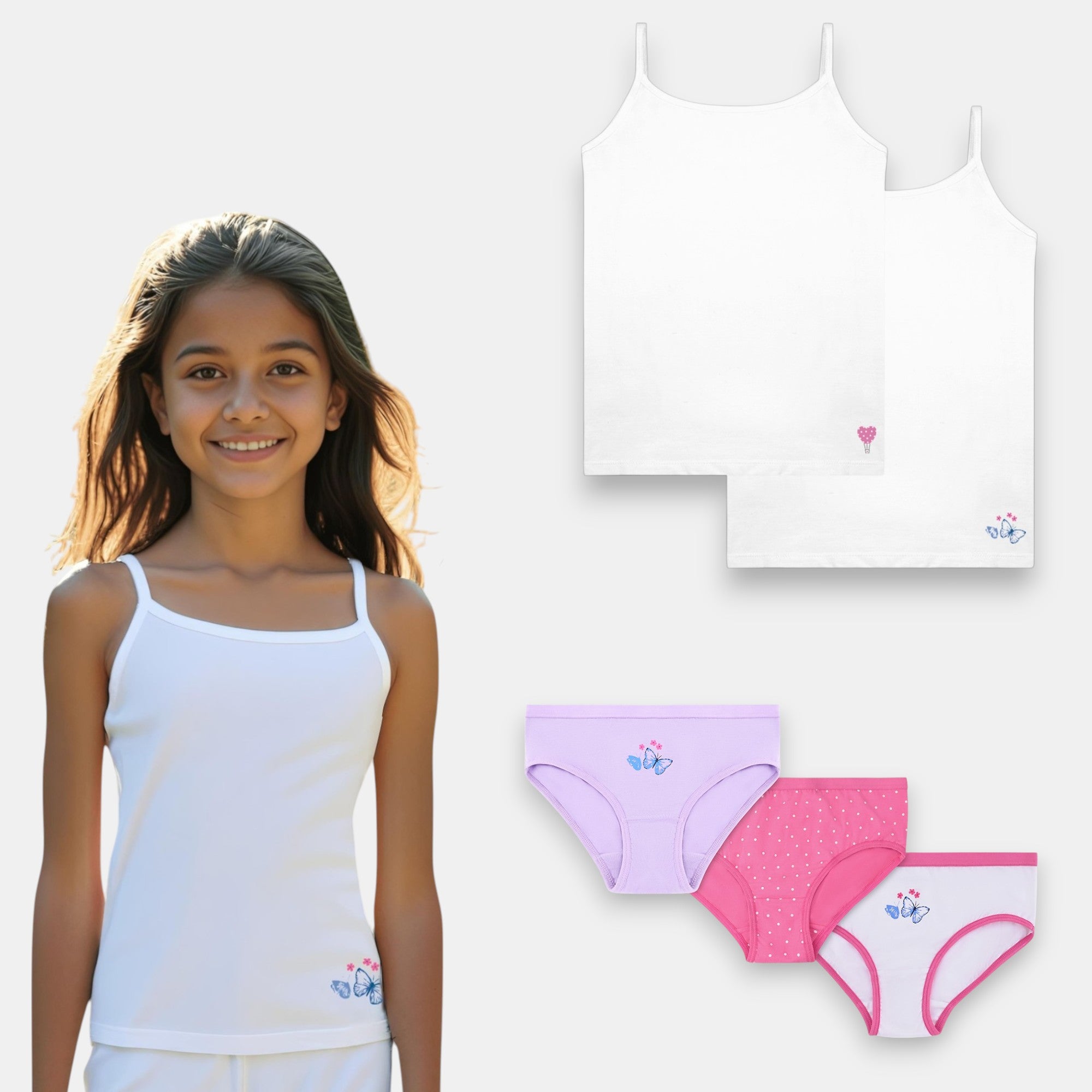 'Mira' Girl's Beginner Camisole | Premium Cotton | Full Coverage | Comfort Fit | 4-10 Years  & Butterfly Brief Bundle